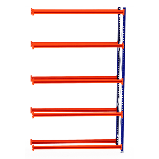 Five orange beams on a blue RackZone Tyre Racking 600mm Depth - Extender frame.