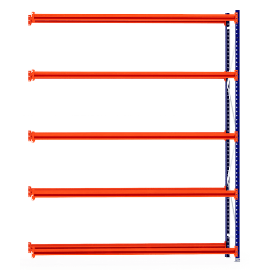 Five orange RackZone beams on a blue Tyre Racking 600mm Extender, isolated.