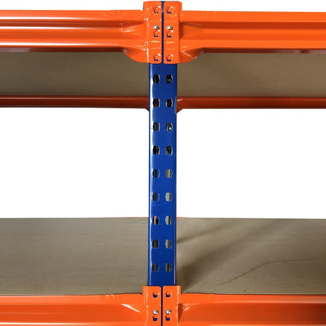 RackZone Longspan Shelving with orange beams and a blue frame, plus workbench.