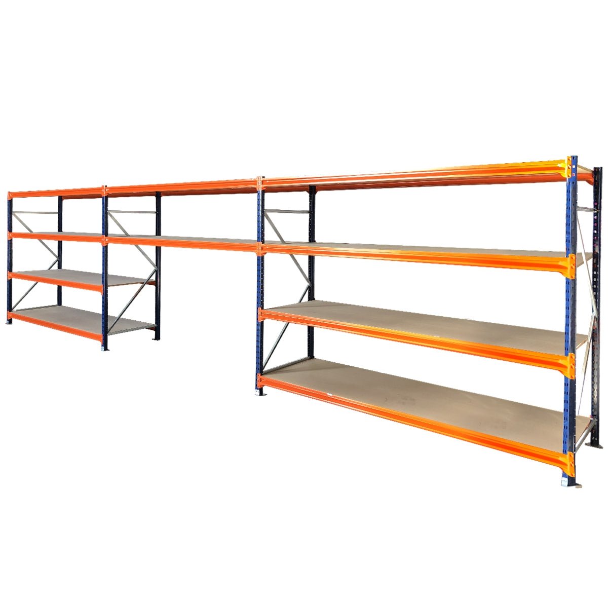 RackZone Longspan Shelving with mobile workbench, sturdy orange-beam frame.
