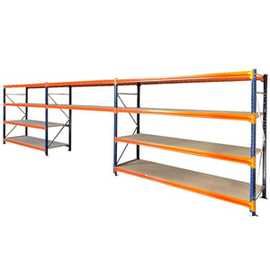 RackZone Longspan Shelving with mobile workbench, sturdy orange-beam frame.
