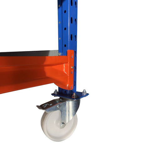 RackZone Longspan Shelving leg with locking caster on Mobile Workbench.