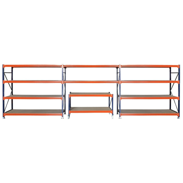 RackZone Longspan Shelving with Mobile Workbench, orange beams included.