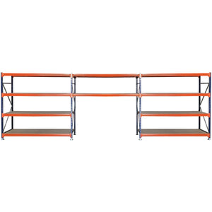 RackZone Longspan Shelving with mobile workbench and center gap.