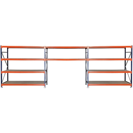 RackZone Longspan Shelving with mobile workbench and center gap.