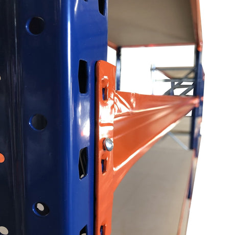 Close-up of a RackZone Longspan Shelving c/w Mobile Workbench in blue/orange.