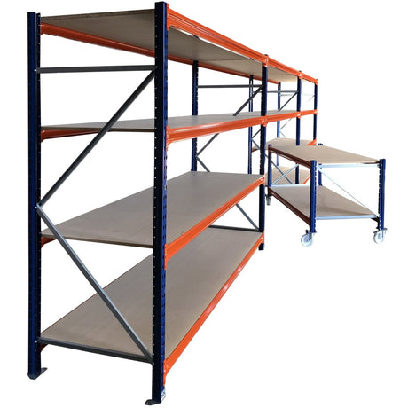 RackZone Longspan Shelving with mobile workbench and wood shelves.