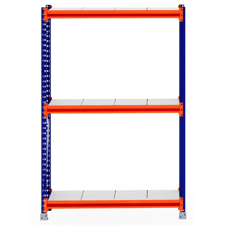 RackZone Longspan Shelving 400mm Starter with steel panels, blue & orange frame.