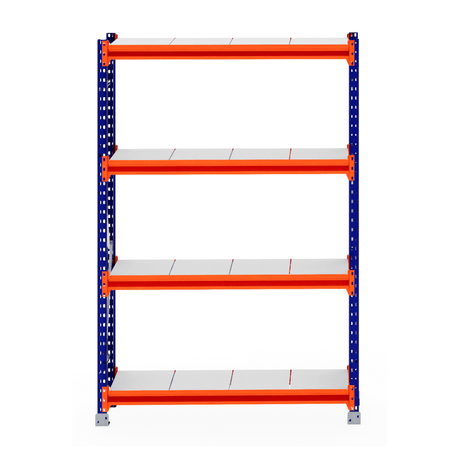 RackZone Longspan Shelving Starter with 4 white steel panels, blue-orange frame.