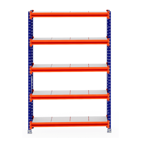RackZone Longspan Shelving Starter, 400mm steel shelves, orange/blue, empty.