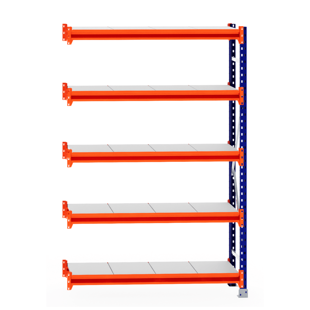 RackZone Longspan Shelving Extender, 400mm deep steel panels, orange/blue.