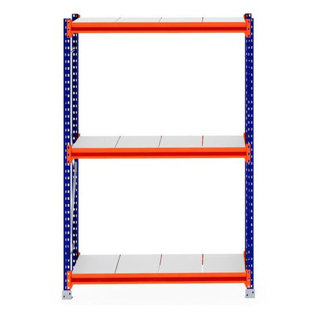 Blue and orange RackZone Longspan Shelving with white steel panels, 600mm depth.