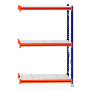 RackZone Longspan Shelving Extender, 600mm steel panels, orange/blue.