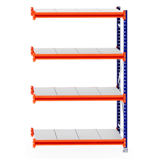 RackZone Longspan Shelving Extender, 600mm steel panels, blue and orange.