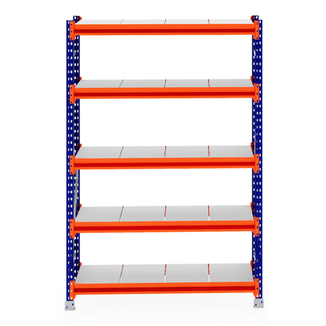 RackZone Longspan Shelving, 600mm deep steel panels, blue/orange frame, front view.
