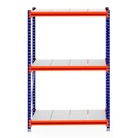RackZone Longspan Shelving 800mm Steel Panels Starter, blue and orange frame.