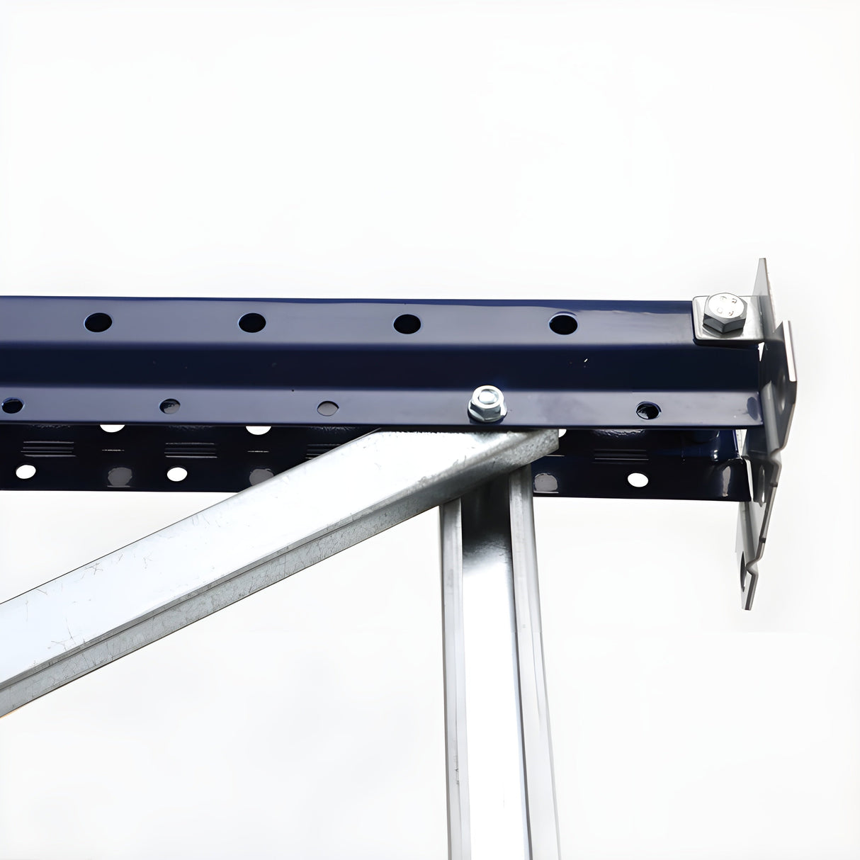 Close-up of RackZone Longspan Shelving Extender with steel panels and bolts.
