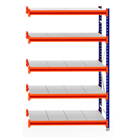 RackZone Longspan Shelving Extender, 5 white steel shelves, orange supports.