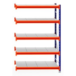 RackZone Longspan Shelving Extender, 5 white steel shelves, orange supports.