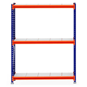 RackZone Longspan Shelving, 400mm steel panels, orange-blue frame, 3 shelves.