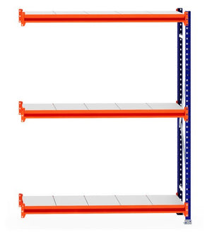 RackZone Longspan Shelving Extender, steel, 3 tiers, orange beams & blue frame.