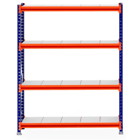 RackZone Longspan Shelving 400mm, steel panels, blue frame, orange supports.