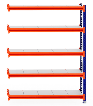 RackZone Longspan Shelving Extender, 400mm steel shelves, orange beams.