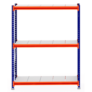 RackZone Longspan Shelving Starter, 600mm steel panels, blue frame, orange beams.