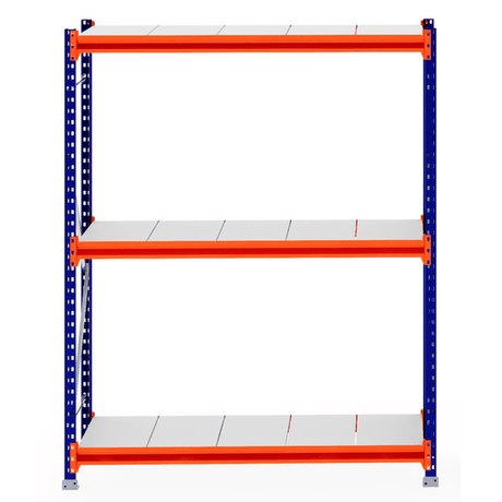 RackZone Longspan Shelving Starter, 600mm steel panels, blue frame, orange beams.