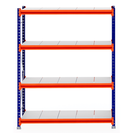 RackZone Longspan Shelving Starter, 5 shelves, blue frame, orange supports.