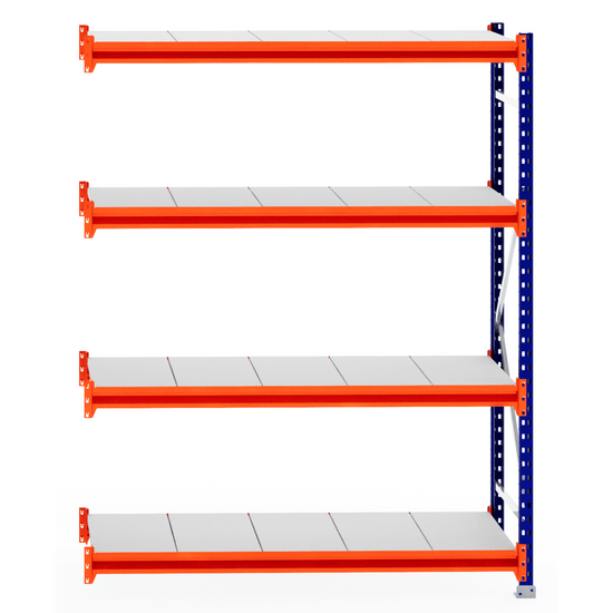 RackZone Longspan 600mm Extender with orange beams and white steel shelves.
