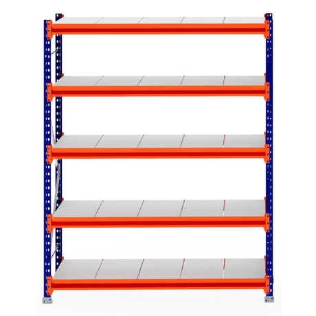 RackZone Longspan Shelving 600mm with orange supports and blue steel frames.