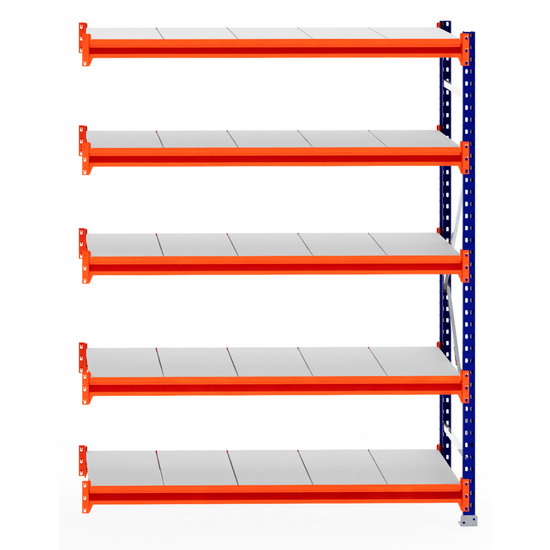 RackZone Longspan Shelving Extender, 600mm steel shelves, orange & blue frame.