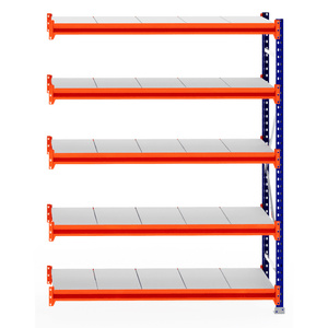 RackZone Longspan Shelving Extender, 600mm steel shelves, orange & blue frame.