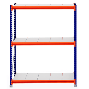 RackZone Longspan Shelving 800mm, steel panels, blue frame, orange beams.