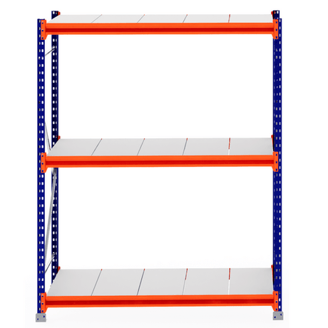 RackZone Longspan Shelving 800mm, steel panels, blue frame, orange beams.