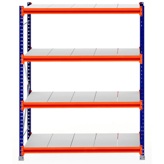 RackZone Longspan Shelving 800mm Starter with steel panels, blue & orange frame.