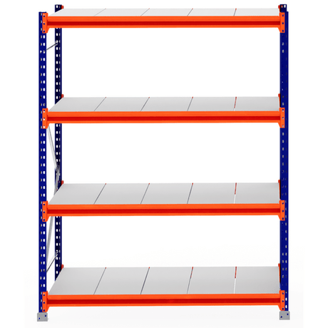 RackZone Longspan Shelving 800mm Starter with steel panels, blue & orange frame.