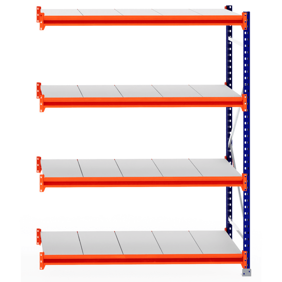 RackZone Longspan Extender, 800mm deep steel panels, orange beams, grey shelves.