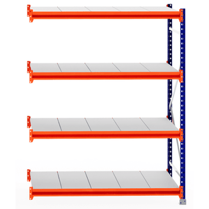 RackZone Longspan Extender, 800mm deep steel panels, orange beams, grey shelves.