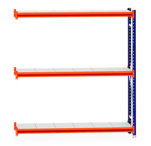 RackZone Longspan Shelving Extender, 400mm steel shelves, orange beams.