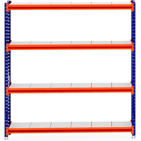RackZone Longspan Shelving Starter, 400mm deep, orange shelves, blue frame.