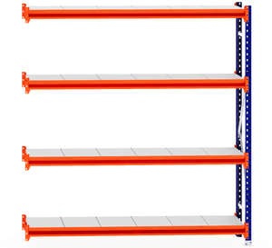 RackZone Longspan Extender, 4-tier steel shelving, 400mm depth, orange beams.