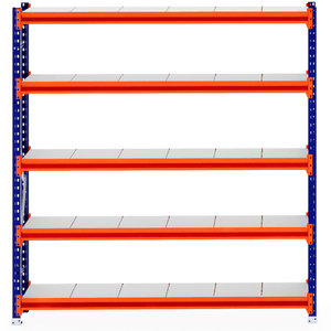RackZone Longspan Shelving 400mm Steel Panels Starter with orange and blue frame.