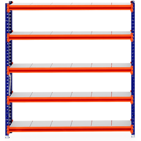 RackZone Longspan Shelving 400mm Steel Panels Starter with orange and blue frame.