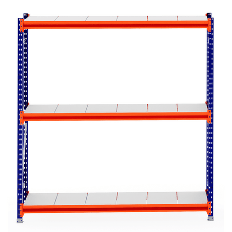 RackZone Longspan Shelving 600mm Steel Panels - Starter, orange and blue.