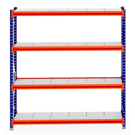 RackZone Longspan Shelving Starter, 600mm depth, steel panels, orange beams.