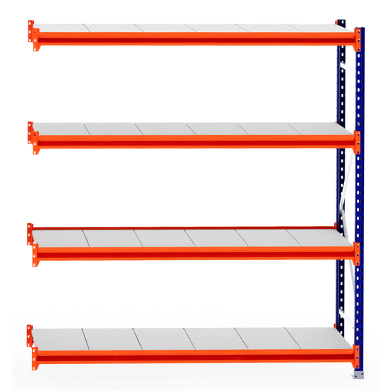 RackZone Longspan Shelving Extender, 600mm deep, steel shelves, orange beams.