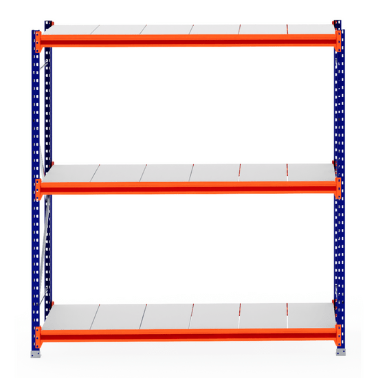 RackZone Longspan Shelving 800mm Steel Panels, blue frame & orange supports.