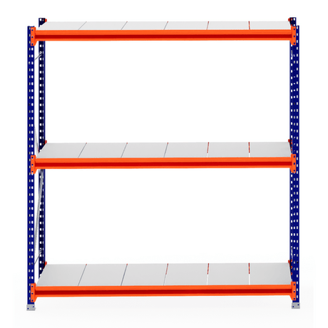 RackZone Longspan Shelving 800mm Steel Panels, blue frame & orange supports.